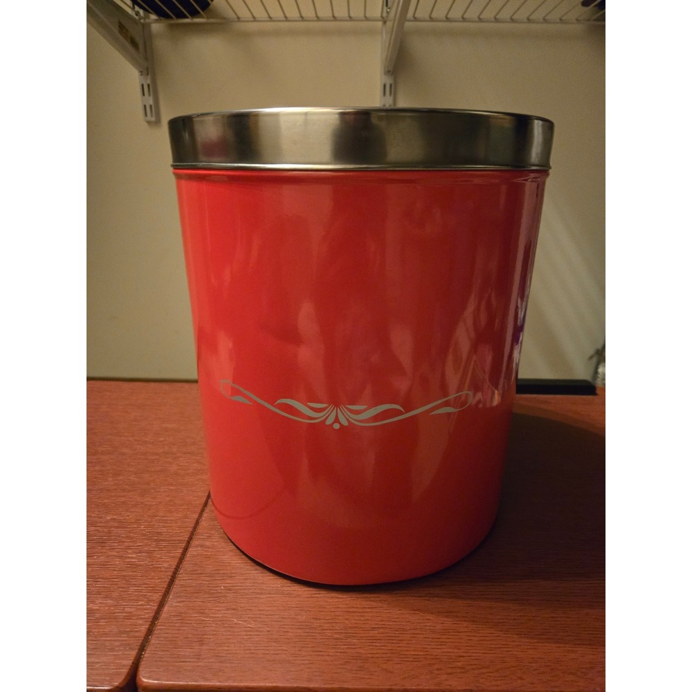 Vintage Red Metal Canister with Silver Filigree Scroll and Stainless Steel Lid